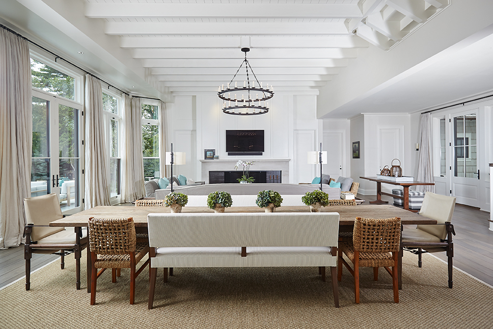 a large kitchen table inside of a beautiful glen lake mansion