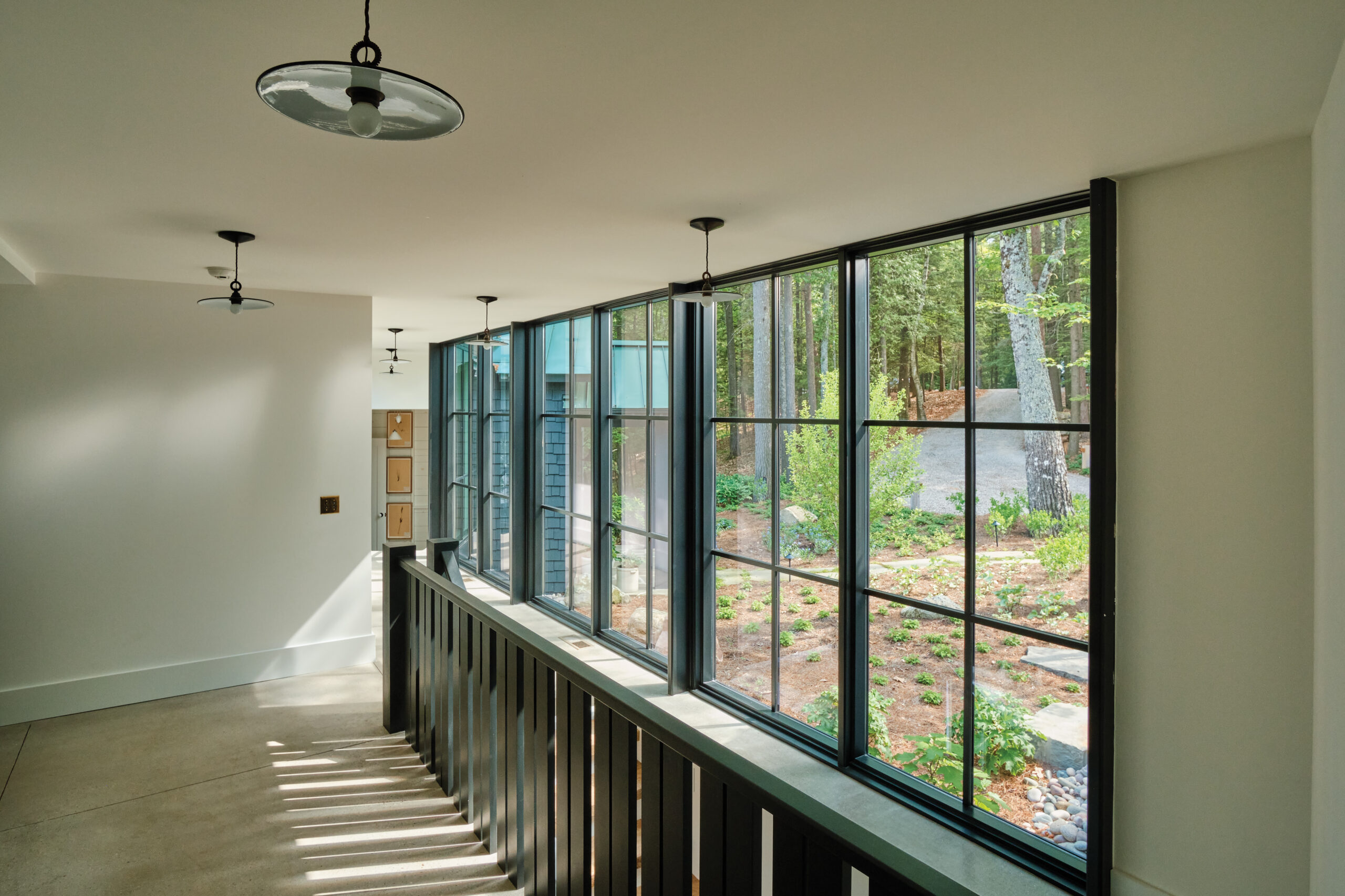 Sunlit interior hallway with black-framed windows overlooking wooded landscape