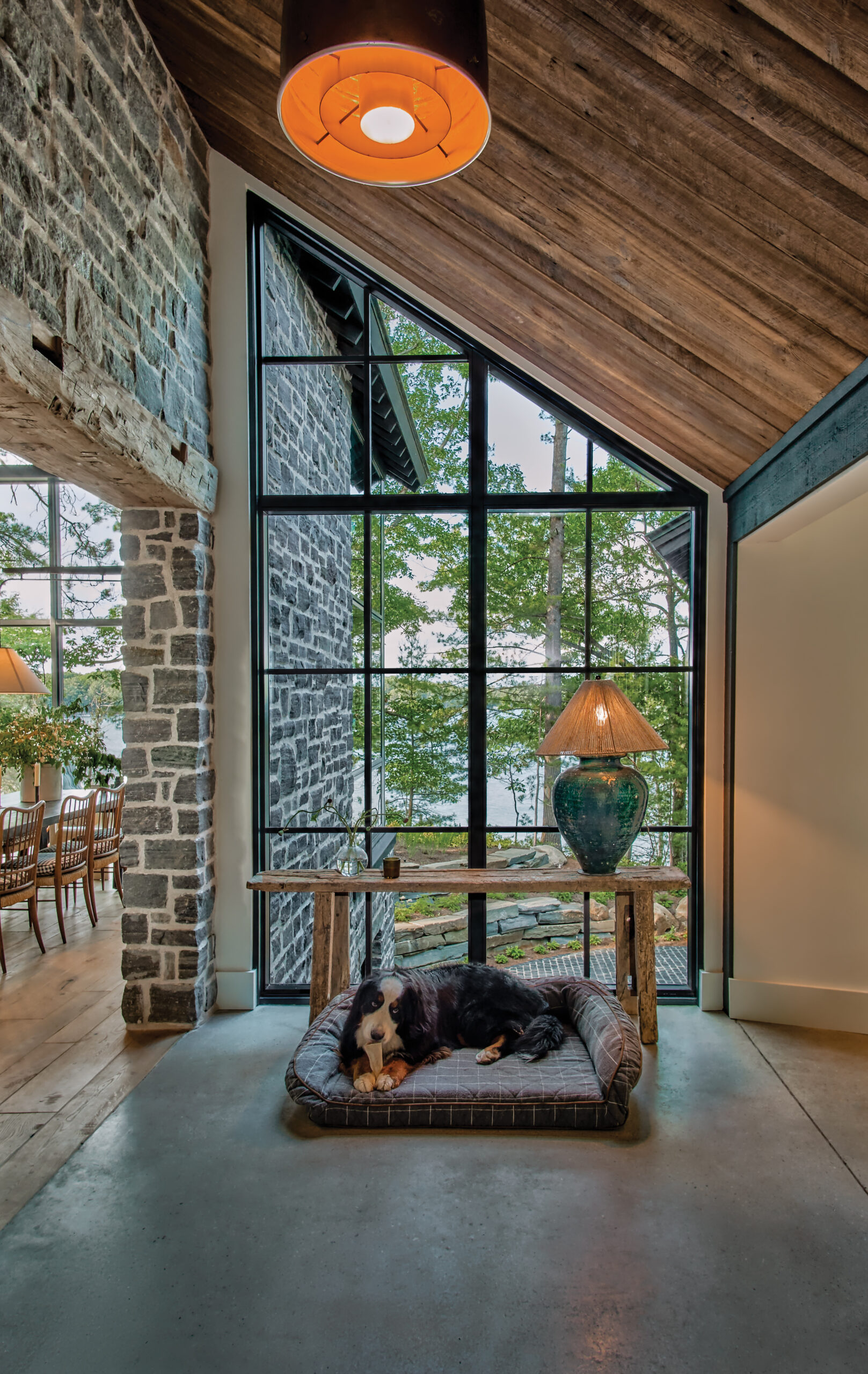 Dog resting on a bed in a cozy cabin-style interior with large window and stone walls