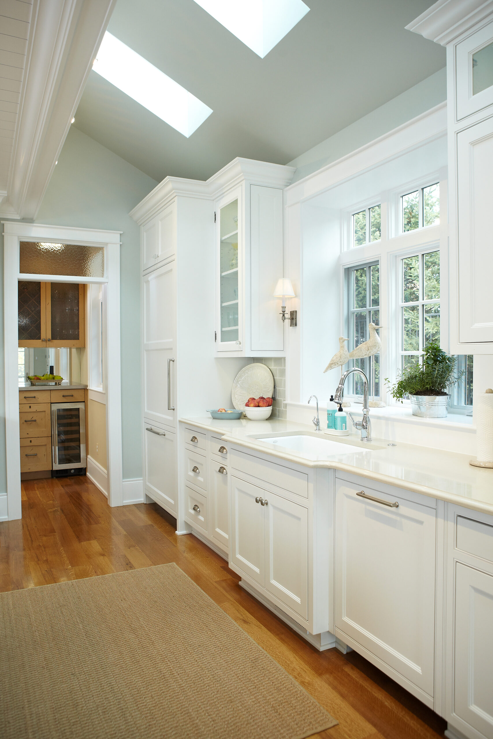 Bright cottage butler’s pantry with white cabinetry, skylights, and sink