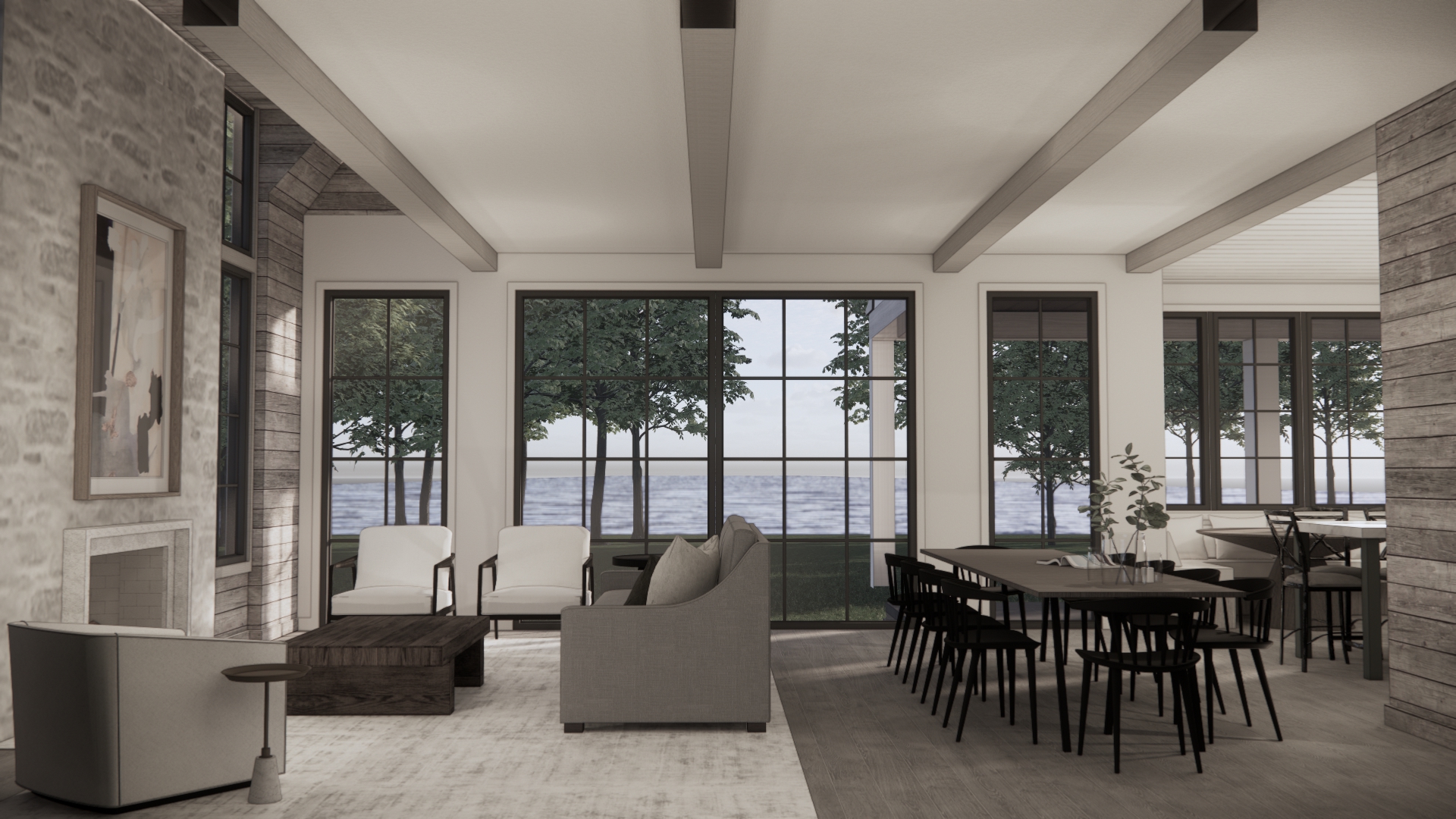 Modern lakeside great room with large windows, exposed beams, and neutral-toned furniture.